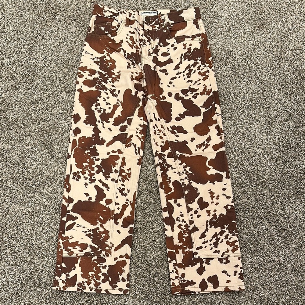 FREE PEOPLE We The Free Risk Taker High Rise Straight Leg Jeans Cow Print - Picture 6 of 11